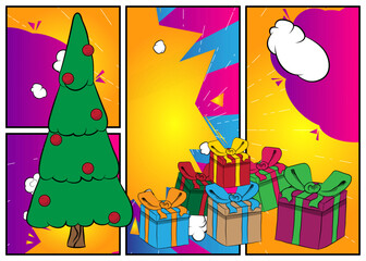 Cartoon Gift Box and Christmas decorated pine tree, comic book Celebration Retro vector comics pop art design.