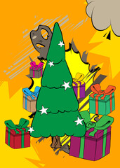 Cartoon Gift Box and Christmas decorated pine tree, comic book Celebration Retro vector comics pop art design.