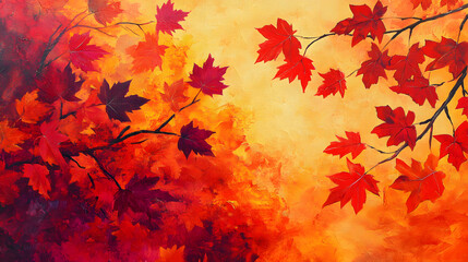 Fototapeta premium Vibrant acrylic painting of maple leaves in red and orange on tree branches, autumn scene