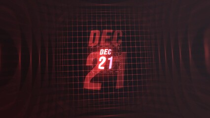 21 December. Calendar with number and month in neon red with grid background. 4k. 