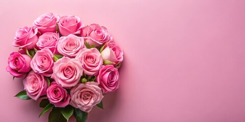 Pink rose flowers bouquet on pink background. Flat lay, top view minimal floral composition, pink, roses, flowers