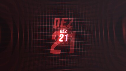 21 Dezembro. Calendar with number and month in neon red with grid background. 4k. 
