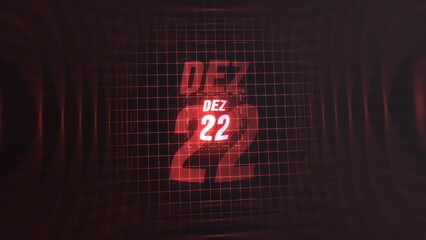 22 Dezembro. Calendar with number and month in neon red with grid background. 4k. 