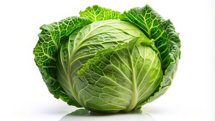 Obraz premium Fresh green cabbage head on white background, cabbage, vegetable, healthy, organic, food, leafy, green, raw, natural