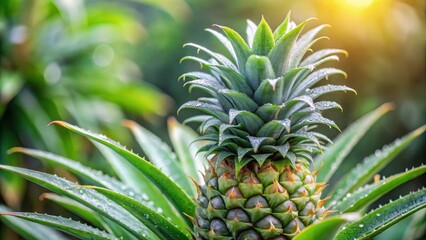 Fototapeta premium Close-up of a pineapple plant with dew drops on its spiky leaves, pineapple, plant, tropical, exotic, fruit, growth