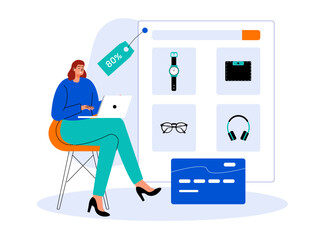 Female buy goods in online shop. Cyber Monday illustration. Flat vector illustration