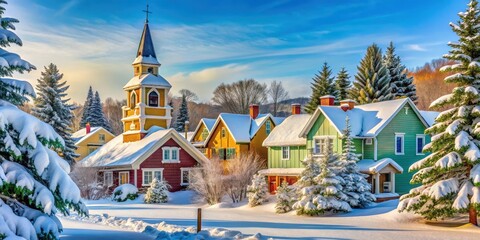 Obraz premium Vibrant houses in snow with evergreen trees and church tower in background, colorful, houses, snow