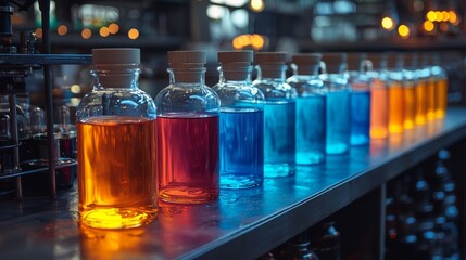 A collection of Colorful Bottles filled with Liquid displayed in a Modern Laboratory Environment