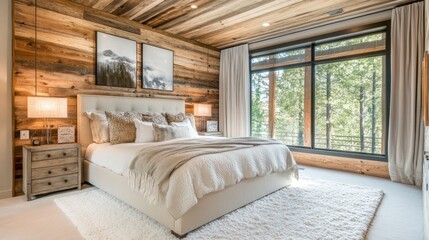 Luxurious bedroom with wood wall, large window, and cozy bedding.