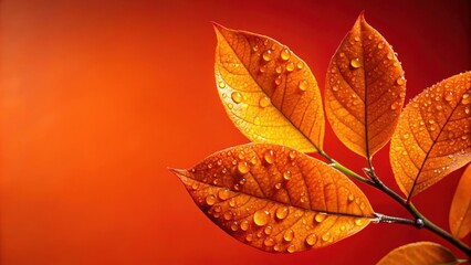 Fresh orange leaves with water droplets on vibrant red background, orange, leaves, water droplets, vibrant, red, background