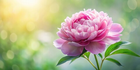 Fototapeta premium Delicate pink peony flower with soft petals and green leaves, peonies, floral, flora, bloom, nature, garden, botany, plant