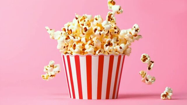 popcorn in a glass Delicious roasted Delicious popcorn flying out of a red-white striped paper cupon white plate, backgrond pink color hd 4k video clip