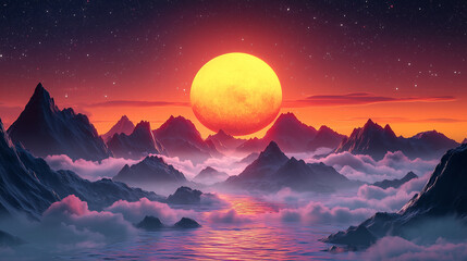 Majestic Sun Rising Above Mountains and Clouds in a Vibrant Fantasy Landscape.