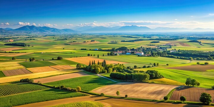 Landscape of flat plains in northern Italy , Pianura Padana, agriculture, fields, farmland, rural, countryside