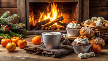 Cozy winter scene with cocoa, marshmallows, tangerines, muffins, fireplace , winter, cozy, scene, cocoa, marshmallows