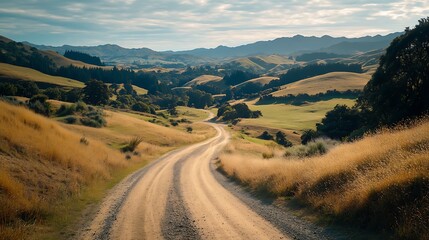 Winding Dirt Road Through Rolling Hills and Mountains