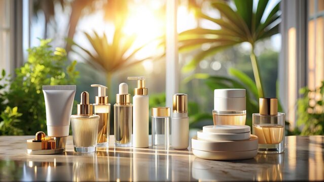 Luxurious beauty products displayed on a sunlight-dappled counter , luxury, beauty, cosmetic, products, sunlight, dappled
