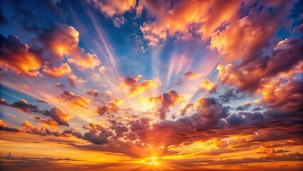 Fototapeta premium Colorful sunrise sky with orange and pink dramatic clouds and sun rays, Sunrise, sky, colorful, orange, pink, dramatic, clouds