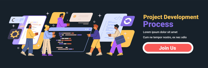 Project development process teamwork coding collaboration diverse people interacting colorful elements dark background website banner