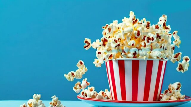 Delicious roasted Delicious popcorn flying out of a red-white striped paper cupon white plate, 4k hd video clip