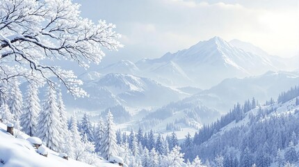 Obraz premium Landscape With Sakura And Snowy Mountains – Background For Postcards, Prints And Design Banners