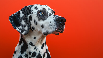 Dalmatian Dog in Profile View Against a Bright Red Background