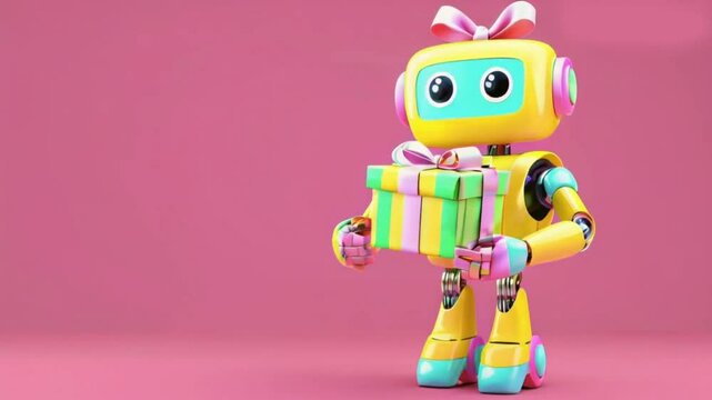 A friendly android robot stands happily while presenting a wrapped gift box adorned with a bow. Its bright eyes and cheerful demeanor add to the festive atmosphere in the pink and yellow hd video clip