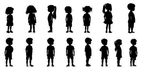 Silhouettes of Children in Side and Front Views with Unique Hairstyles