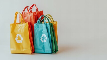 A stack of colorful, reusable shopping bags with eco-friendly logos, folded and arranged symmetrically against a plain white background. 