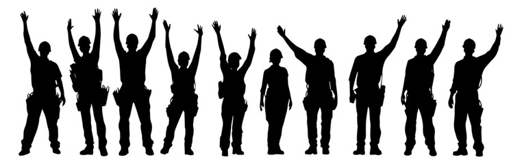 Silhouettes of Construction Workers Raising Hands in Unity