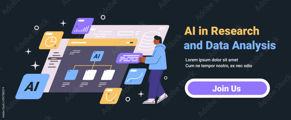 Poster ai research data analysis concept with person interacting with digital interface charts graphs and f