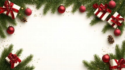 Christmas Border with Fir Branches, Gifts, and Ornaments