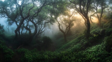 Naklejka premium Sunlit Forest Path Through Misty Trees