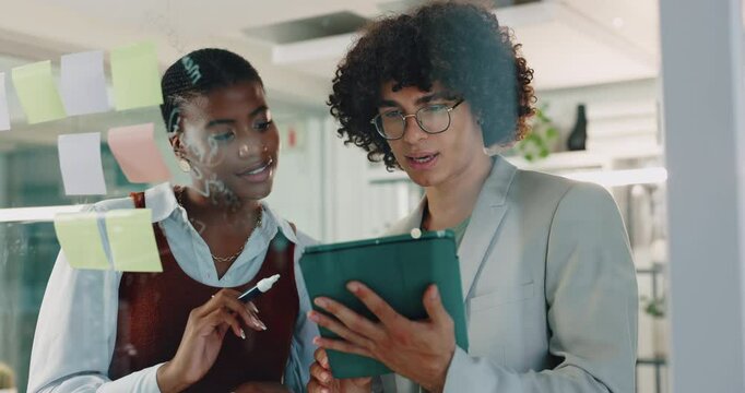 Tablet, sticky note and business people in office, creativity and planning for project. Employees, coworkers and sales agency with technology, company development and social media with productivity