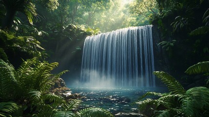 Lush Rainforest Waterfall Cascading into Tranquil Pool