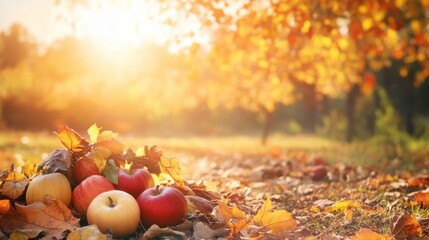 A serene Autumn Equinox scene with golden leaves and harvest bounty against a sunlit orchard backdrop, atmospheric shot, Natural style