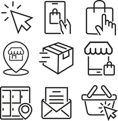 Set of Shopping icon online purchase shopping symbol outline style illustration vector design. Shopping icon set. Solid icons vector collection with transparent background.