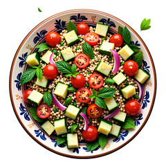Colorful and fresh vegetable salad with quinoa and mint for healthy eating enthusiasts, photography of food art concept.