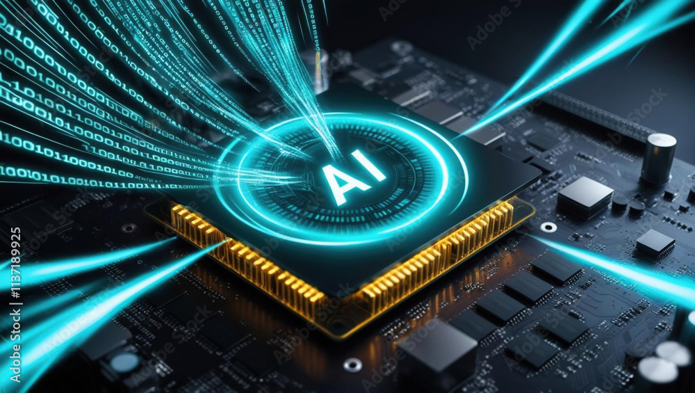 Poster close up of ai processor glowing on motherboard, with binary code streaming outward in dynamic patte