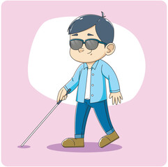 blind man walking holding stick and wearing eyeglass. vector illustration character design