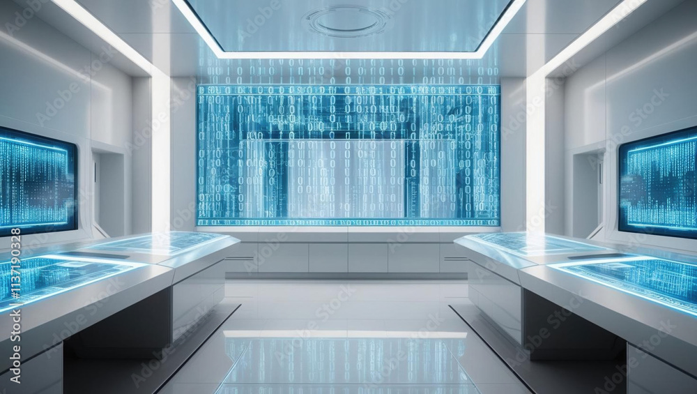 Poster futuristic control room with holographic displays and flowing binary code creates high tech atmosphe