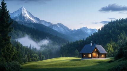 Fototapeta premium Cozy Cabin Nestled in Lush Green Valley Surrounded by Majestic Mountains at Dusk in Tranquil Nature Scene