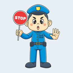 cute policeman with hand gesture and traffic stop sign