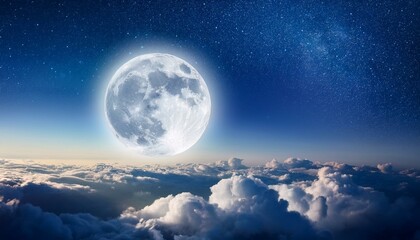 Fototapeta premium Moon Over The Clouds - Romantic Moon In Starry Night Over Clouds