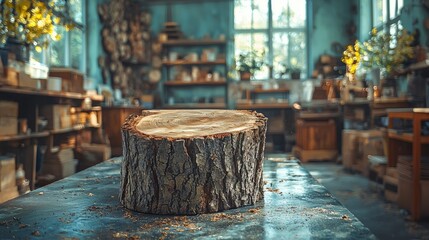 Rustic wooden tree stump in cozy shop