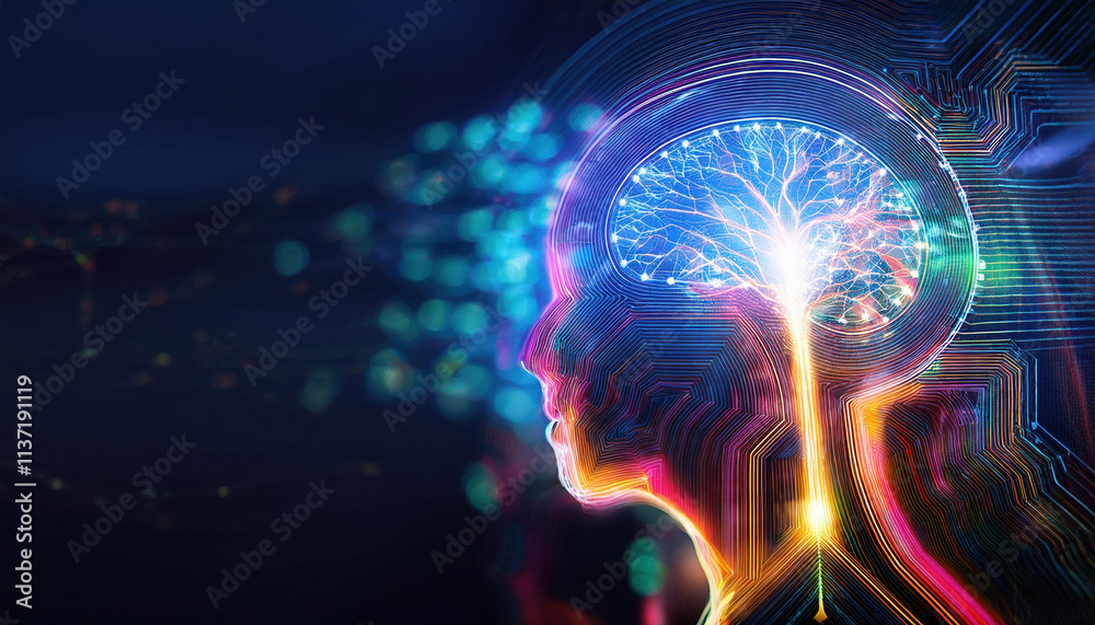 Poster conceptual ai neural network with glowing brain and vibrant hues, showcasing binary code streaming t