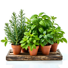 Fototapeta premium A vibrant display of potted herbs on a wooden tray for home decor inspiration, photography of still life concept.