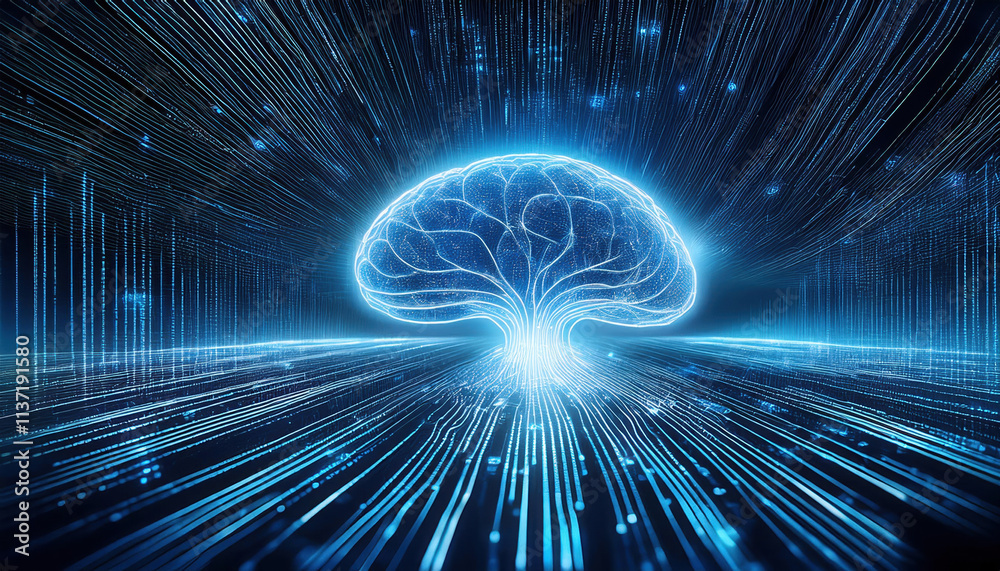 Poster glowing neural network forms brain like structure, surrounded by flowing binary code, symbolizing ad
