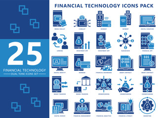 Financial technology dual tone icons pack, contain online banking, e-wallet, payment, landing, blockchain, ecommerce and more. vector EPS 10 .use for UI, UX financial theme, app and web development.