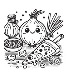 Coloring page design onion and pizza illustration